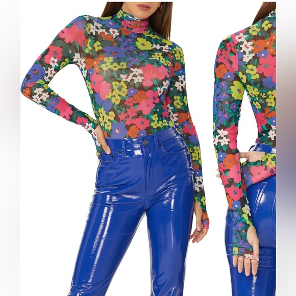 AFRM Tops Afrm Zadie Mesh Turtleneck Neon Night Garden Top Sheer